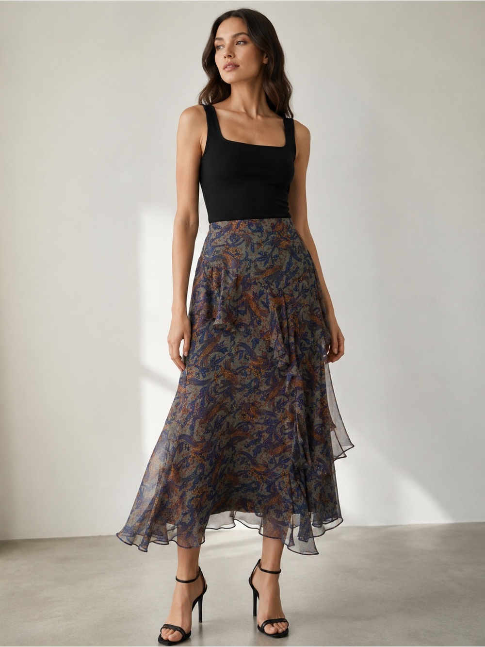 Veronica Beard Paisley Ruffle Midi Skirt in Blue and Brown Tones